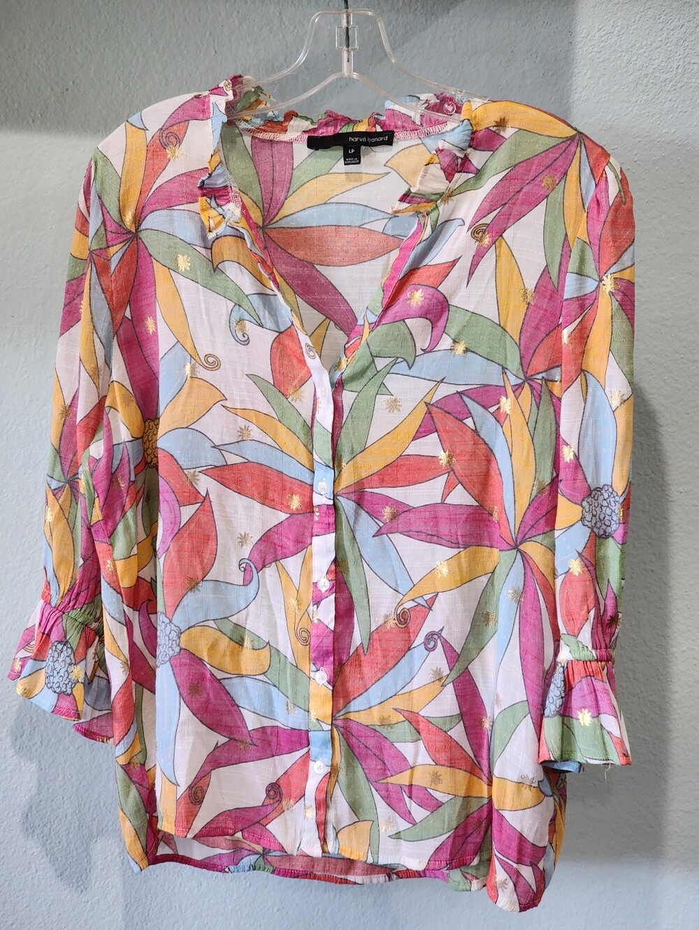 HARVE BENARD | Vintage Abstract Floral Multi-Color Sheer Ruffle Blouse | PL